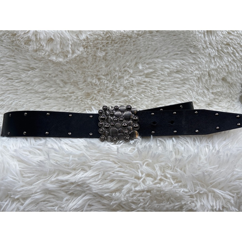Calvin Klein Black‎ Genuine Leather Studded Belt Silver Bubble Buckle Large